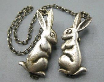 Vintage Sterling Silver Novelty Bunny Rabbit Baby Bib Clips