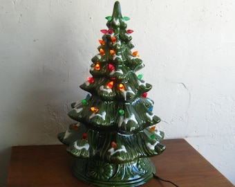 Ceramic Christmas Flocked Tree Vintage 16" Green Ceramic Light Up Tree Lamp Decoration