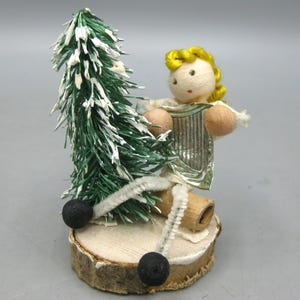 Vintage 50s Christmas Angel Paper Mache Composition Chenille Santa Flocked Tree Miniature Figurine