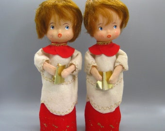 2 Vintage 60s Plastic & Red Felt 9" Choir Boy Christmas Decorations Ornaments