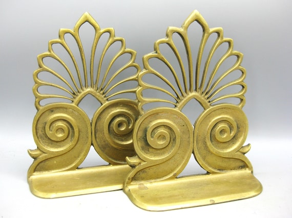 Vintage Hollywood Regency Solid Brass Scroll Bookends Book Ends