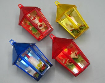 4 Vintage 60s JewelBrite Diorama Plastic Novelty Lantern Reflector Christmas Tree Ornament