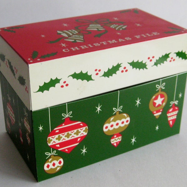 Vintage 50s Ornaments & Bells Tin Litho Christmas Card File Box