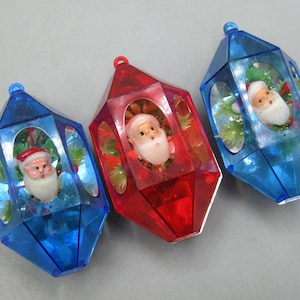 3 Vintage 60s JewelBrite Diorama Plastic Novelty Santa Claus Reflector Christmas Tree Ornament