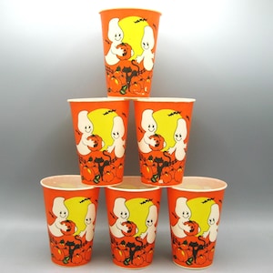 6 Vintage Halloween Party 7oz Waxed Paper Cups Pumpins Black Cat Ghosts Full Moon Bats