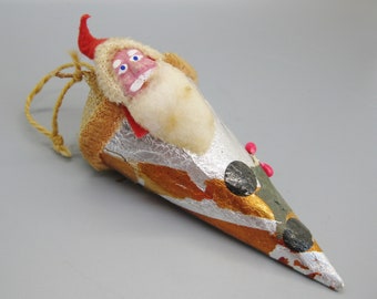 Vintage Composition Face Santa Claus Doll Drawstring Bag Cone Christmas Candy Container Ornament