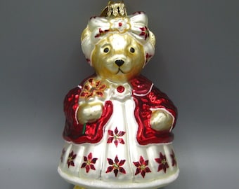 Christopher Radko Muffy VanderBear Picking Poinsettias Glass Bear Ornament