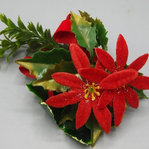Vintage 50s Christmas Corsage Flocked Red Poinsettia Flower Pin Ornament Decoration