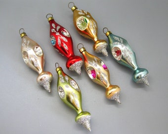 6 Vintage Rauch Triple Indent Glass 3" Glitter Christmas Tree Ornaments