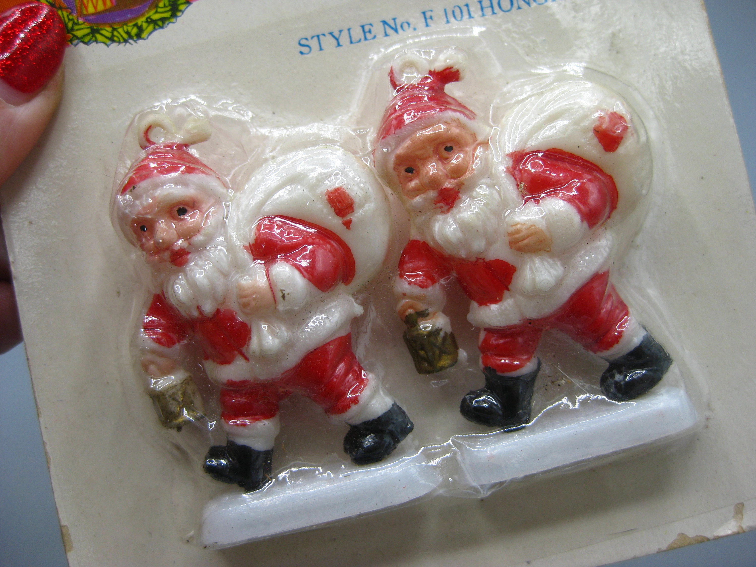 Vintage 60s Panorama Ornaments Red Plastic Santa Claus Miniature