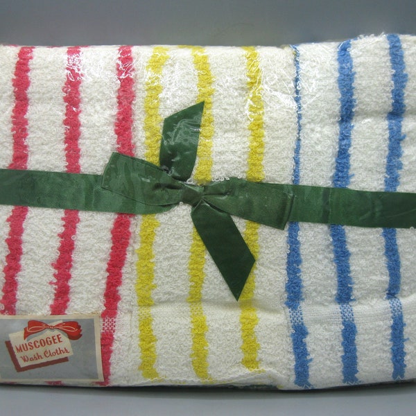 4 Vintage 50s Muscogee Terry Cotton Stripe Terrycloth Wash Cloths Dishcloths