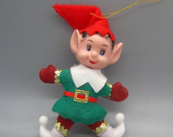 Vintage Hard Plastic Felt Elf Doll Christmas Tree Ornament Decoration