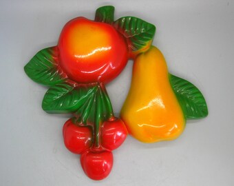 Vintage 50s Kitchen Chalkware Cherries Pear Apple Fruit Cluster Wall Hanging Plaque Decorations