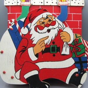 Porta-cartões de Natal de madeira recortada vintage dos anos 60, Papai Noel, novidade, decoração de lareira dobrável