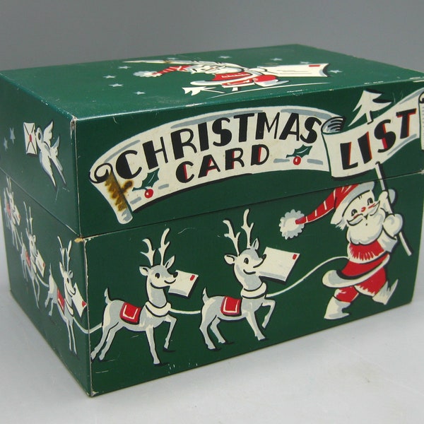 Vintage 50s Santa Claus & Reindeer Stylecraft Tin Litho Christmas Card File Box