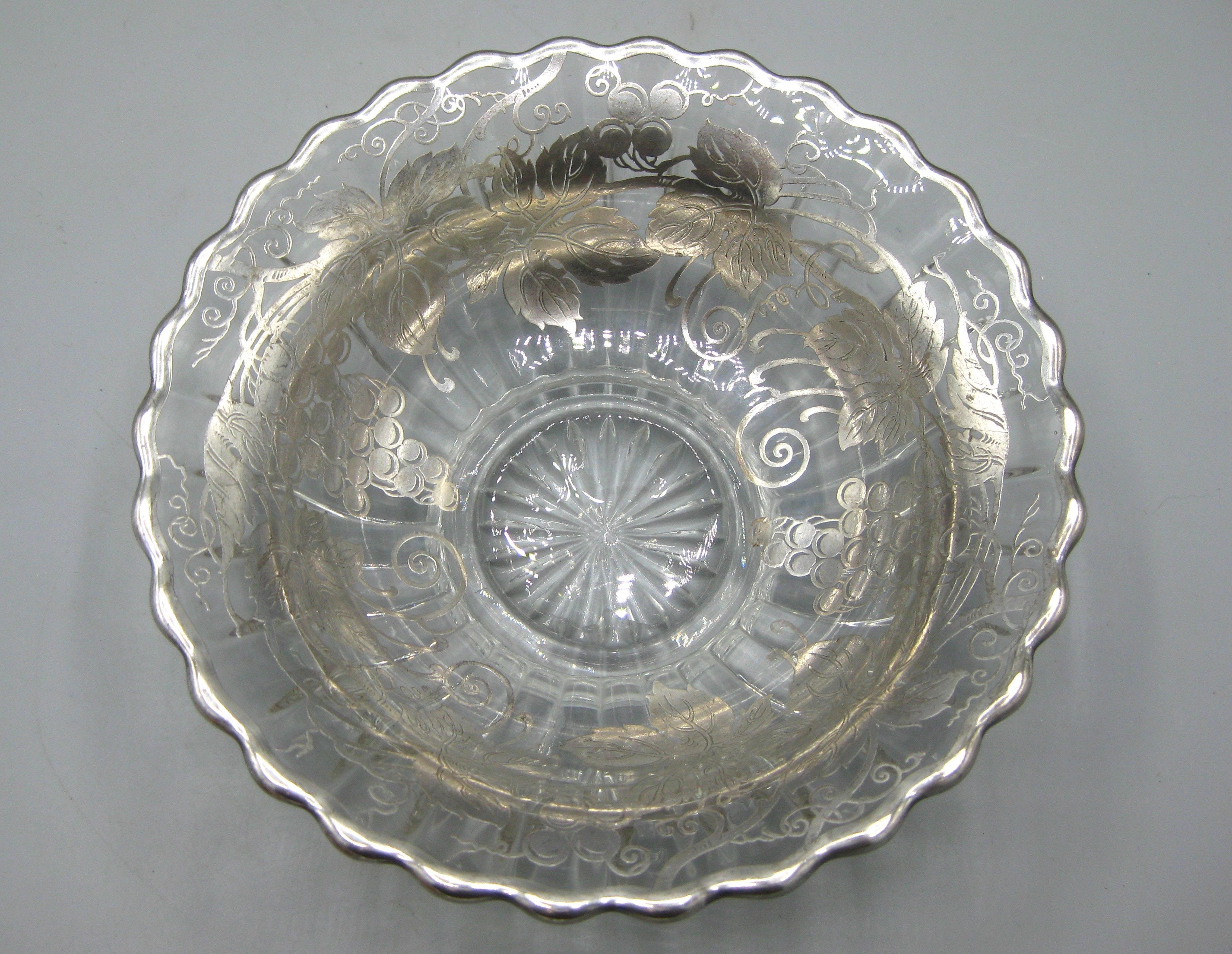 Vintage Sterling Silver Overlay Glass Candy Dish Bowl