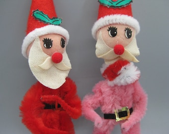 2 Vintage Chenille Pipe Cleaner Santa Claus Christmas Decoration Ornaments