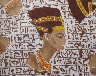 Vintage 70s Walk Like an Egyptian Nefertiti Novelty Print Brown Cotton Fabric Remnant 2 Yards