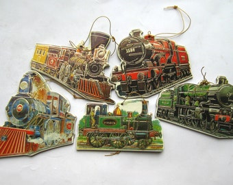 5 Vintage 80s Old Timey Merrimack Train Locomotive Christmas Paperboard Die Cut Ornaments