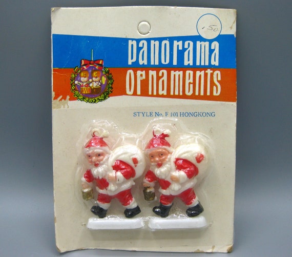 Vintage 60s Panorama Ornaments Red Plastic Santa Claus Miniature
