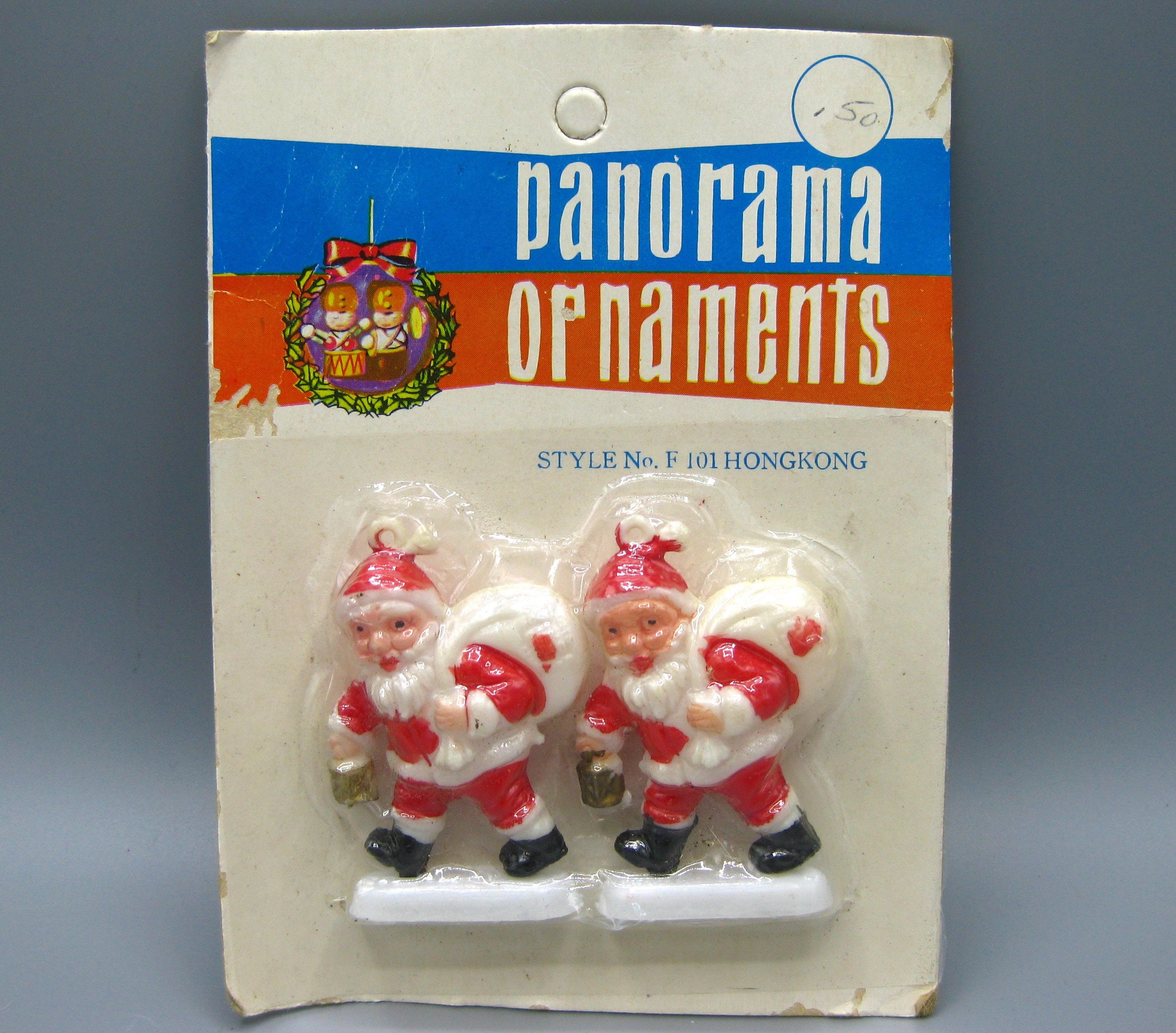 Vintage 60s Panorama Ornaments Red Plastic Santa Claus Miniature