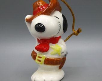 Ornamento in ceramica natalizio vintage anni '70 Peanuts Snoopy Wild West Western Cowboy