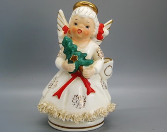 Vintage 50s Ucagco Ceramic White Christmas Tree Spaghetti Angel Girl Figurine Candle Holder