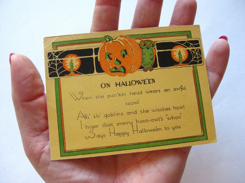 Vintage 20s Halloween Jack-o-Lantern Owl Greeting Card