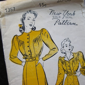 Vintage 40s Art Deco New York Gold Seal Pattern 1357 Dress Sewing Pattern sz 20