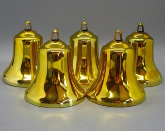 5 Vintage 50s Gold Plastic Christmas Bells Holiday Ornaments