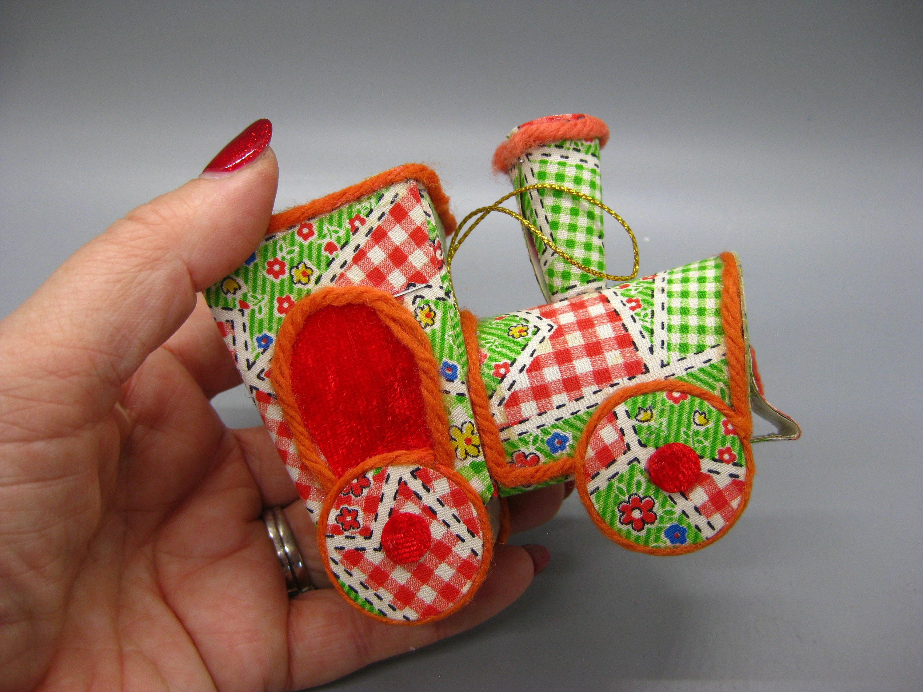 Vintage 60s Cardboard Patchwork Train Christmas Ornament
