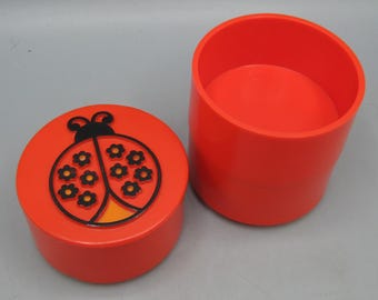 Vintage 60s Orange Plastic Stackable Desk Top Accessory Storage Box Lady Bug