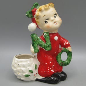 Vintage 50s Ceramic NOEL Single Christmas Candle Holder Figurine Commodore