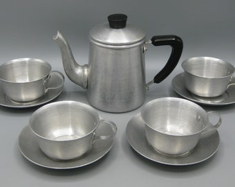Vintage 60 Creative Playthings Child's Toy Kitchen Aluminum Tea Pot Cups & Saucers Made in Italy