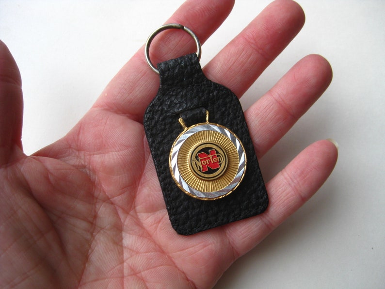 Vintage Norton Black Leather Enamel Logo Motorcycle Keychain Key Chain Fob