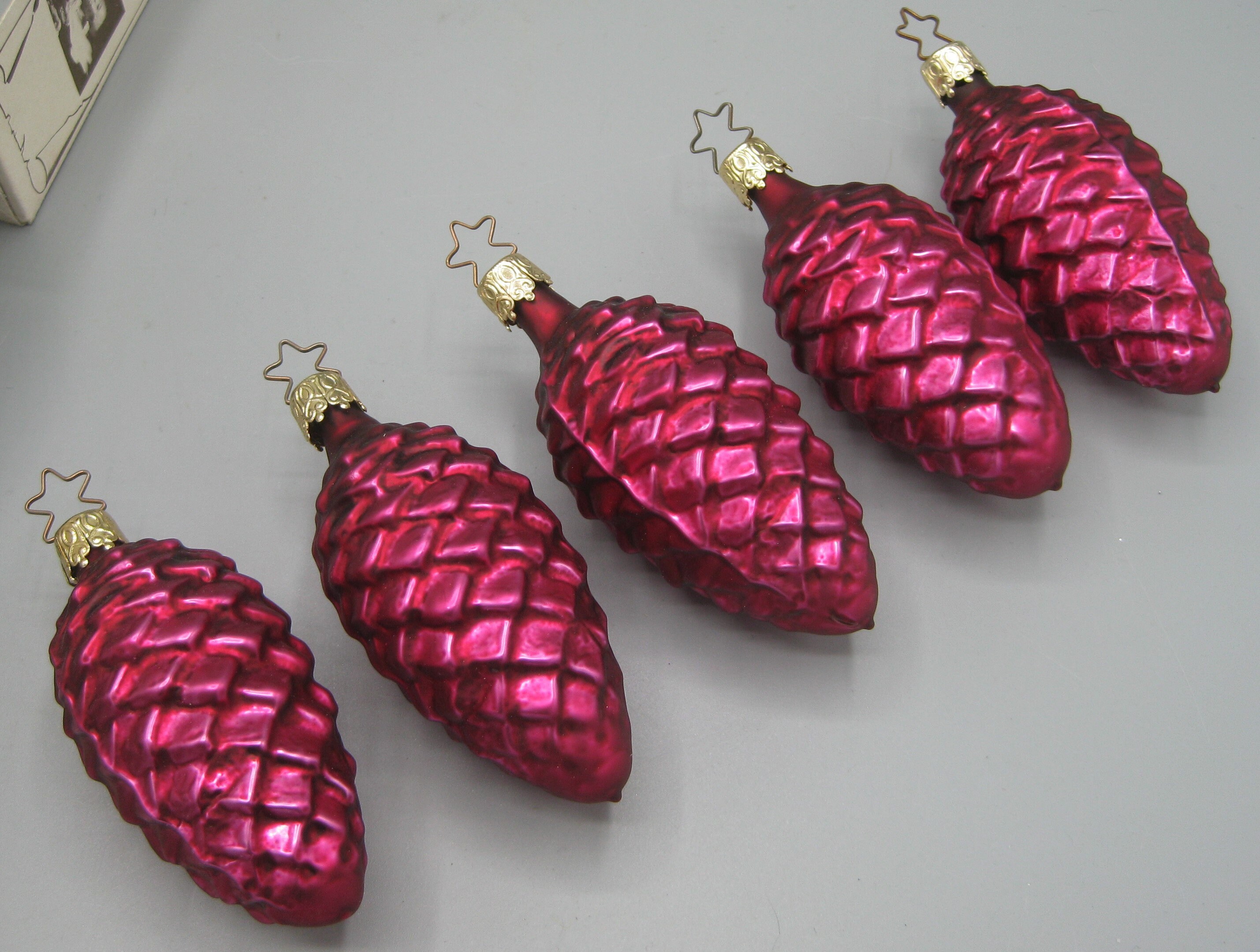 5 Vintage West German Hot Pink Hand Blown Glass Pinecone Christmas