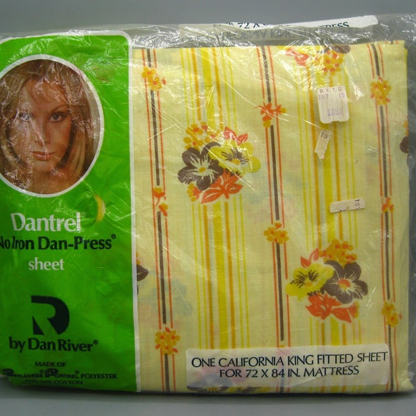 Vintage 70s Deadstock Dantrel Dan River No Iron Cotton Poly Yellow Floral Striped California King Size Bed Fitted Sheet