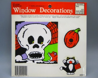 Vintage 90s Halloween Black Cat Skeleton Pumpkin Window Cling Vinyl Plastic Decoration