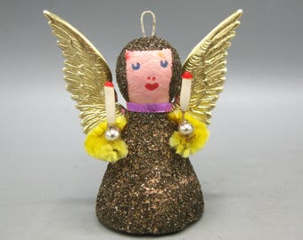 Vintage German Chenille Pipe Cleaner Spun Cotton Mica Glitter Angel Christmas Decoration Ornament West Germany