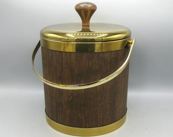 Vintage 70s Deadstock Wood Grain Gold Ernest Sohn Home Bar Ice Bucket