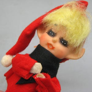 Vintage Hard Plastic Red Felt Pixie Elf Doll Christmas Tree Ornament Decoration Made in Japan