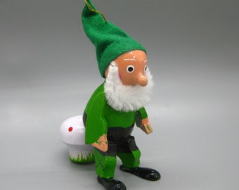 Vintage Green Wooden Gnome with Toadstool Nisse Folk Art Christmas Ornament