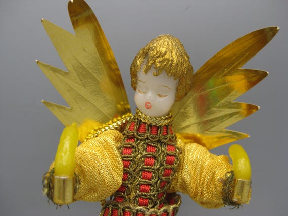 Vintage German Koestel Wax Face Gold Christmas Angel Candle Tree
