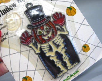 Vintage 80s Halloween Skeleton Jackolantern Glass Sun Catcher