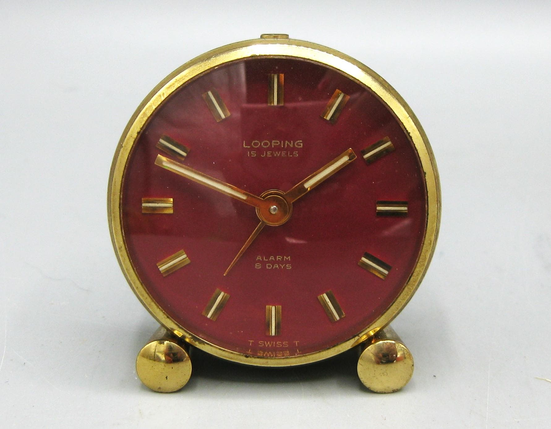 Vintage Looping 15 Jewel Swiss 8 Day Bedside Table Small Alarm