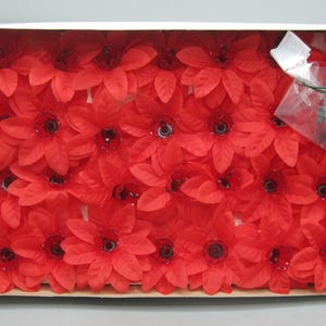 May include: A set of red fabric flower string lights arranged in a rectangular cardboard box. Each flower features multiple petals and a dark center where the light bulb is positioned. A green electrical cord and plug are included in the box.