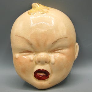 Vintage 50s Ceramic Crying Cry Baby Novelty Hanging Wall Plaque