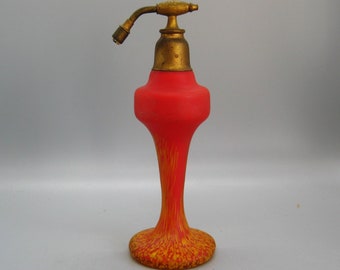 Vintage 20s Red & Yellow Kralik Czech Art Glass Perfumer Bottle Atomizer