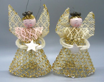 2 Vintage 50s Gold Mesh Foil Wings Christmas Angel Ornaments