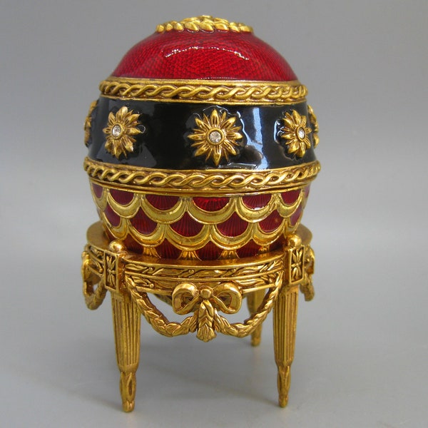 Vintage 90s Berebi Faberge Style Limited Edition Red Enamel Jeweled Carriage Egg with Stand